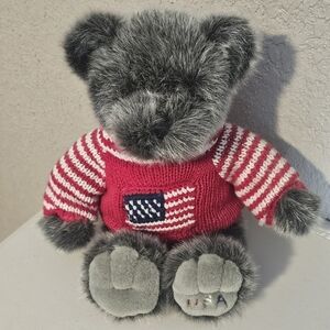 Dillard's Patriotic USA Teddy Bear‎ Grey Faux Fur Red Knit American Flag Hoodie
